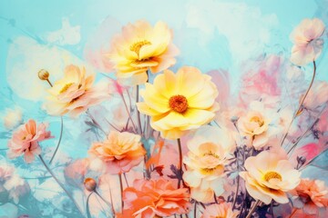 Fototapeta na wymiar Valentine's Day. Assorted Spring Blossoms on Pastel Blue. Floral Freshness and Beauty. Generative AI