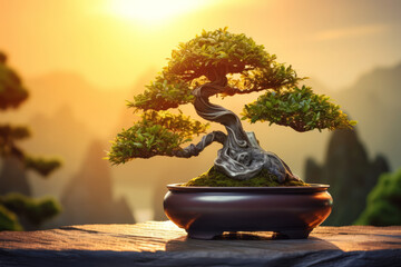 A Japanese bonsai tree against a beautiful background of the setting sun.generative ai