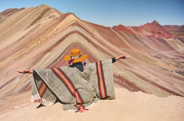 Papier Peint photo autocollant Vinicunca Panoramic view, Young girl smalling in front of the Vinicunca Rainbow Mountain, Peru South America