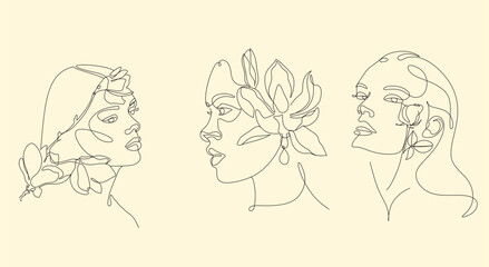 Woman Line Art Minimalist Logo. Nature Organic Cosmetics Makeup. Flower head Feminine Illustration line drawing. Woman face with flowers line
