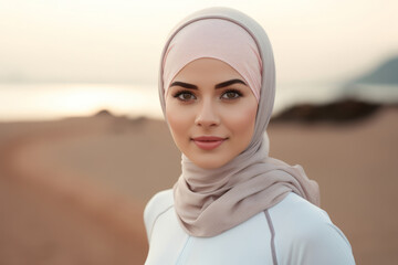 Portrait of a beautiful young woman of Islamic beauty in a headdress posing against the background of the sea and beach.generative ai