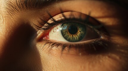 Fototapeta premium Female eye with brown iris, pupil close-up. Beautiful black eyelashes.