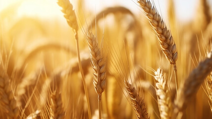 Close up of ripe golden wheat ears, field of wheat in a summer day, sun flare. Harvesting period. Generative AI