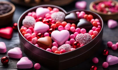 Fototapeten A heart-shaped box full of various Valentine's Day candies and chocolates, adorned with romantic pink and red confections, perfect for gifting © Bartek
