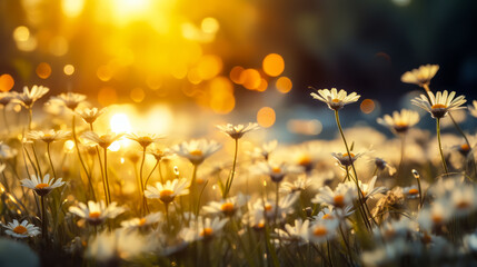 Golden sunlight filtering through a field of blooming daisies, creating a dreamy and ethereal springtime landscape