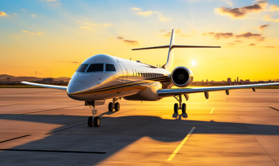 Fototapeta na wymiar Luxurious private jet aircraft parked on airport runway bathed in the golden hues of sunset, symbolizing exclusive travel and modern aviation