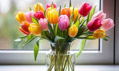 Vibrant multicolored tulips in a clear glass vase on a windowsill, symbolizing love and affection for Valentine's Day