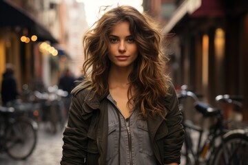Fototapeta premium Fashion model in a chic urban setting, showcasing street style and attitude, Generative AI
