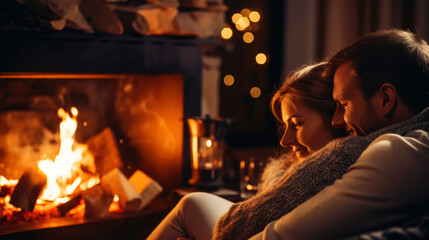 Lovely couple hugs near fireplace. Cozy evening. Romantic concept. Generative AI - obrazy, fototapety, plakaty