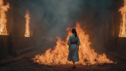 Asian Woman In The Flame Background Very Cool