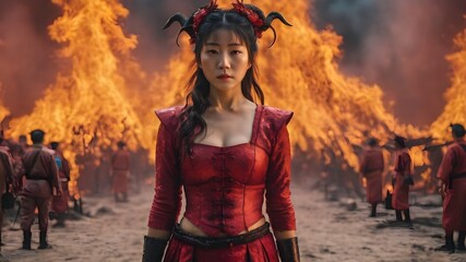 Obraz premium Asian Woman In The Flame Background Very Cool