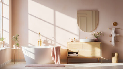 Fototapeta na wymiar Bath room interior design. Cozy empty modern bathroom background with white bathtub and panoramic windows. Generative AI