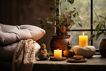Obraz na płótnie Canvas Peaceful Indoor Meditation Corner with Calming Decor