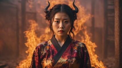 Asian Woman In The Flame Background Very Cool