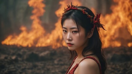 Asian Woman In The Flame Background Very Cool