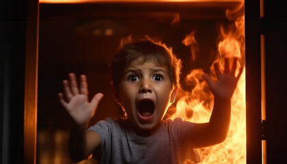 Boy trapped in a house with fire crying and screaming for help by the window. Frightened child is his home s.o.s scary - obrazy, fototapety, plakaty