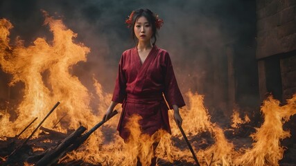 Asian Woman In The Flame Background Very Cool