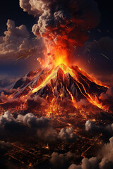 Obraz premium Volcano eruption in mountains, smoke cloud, hot lava, disaster, Ai Generative.