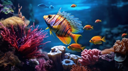 Naklejka na ściany i meble Vibrant exotic fishes in the sea. Underwater life. 