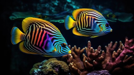 Naklejka na ściany i meble Vibrant exotic fishes in the sea. Underwater life. 
