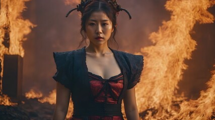 Asian Woman In The Flame Background Very Cool
