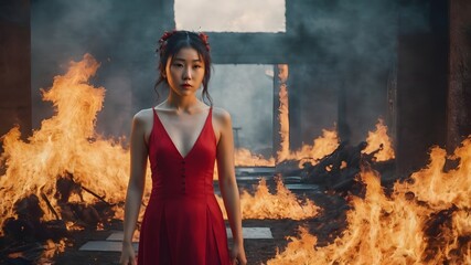 Asian Woman In The Flame Background Very Cool