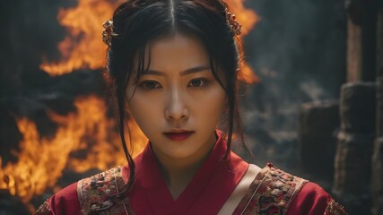 Asian Woman In The Flame Background Very Cool
