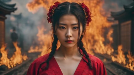 Asian Woman In The Flame Background Very Cool