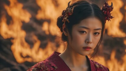 Asian Woman In The Flame Background Very Cool