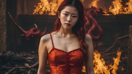 Asian Woman In The Flame Background Very Cool