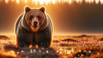 a brown bear during the golden hour. The warm Sunlight highlights its thick fur, enhancing the bear's calm and majestic presence as it stands amidst a field of spring flowers. 