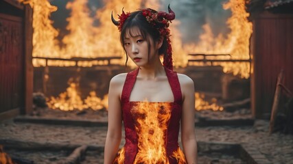 Asian Woman In The Flame Background Very Cool