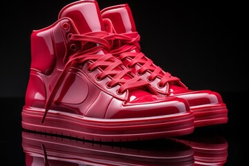vibrant red high-top sneakers, on an isolated black background, Generative AI