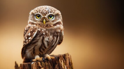 Image of A small owl perched on a tree stump. Its sharp gaze and bright yellow eyes are the focus against the soft, earthy toned background. printed on Printed Glass Splashbacks
