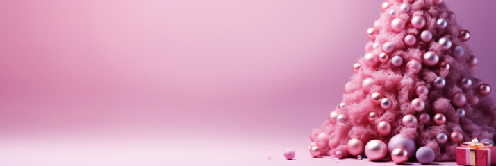 Obraz premium Pink Christmas background with New Year tree. Copy space. Generative AI