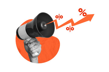 Poster collage sketch of arm holding megaphone announcement shopping marketing percentage isolated on drawing background