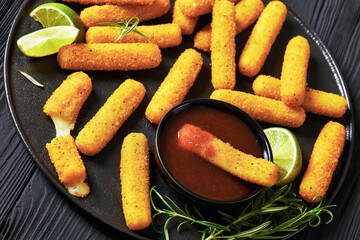 fried mozzarella sticks with sauce on black plate