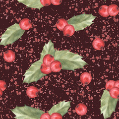 Watercolor painted illustration of red holly leaves and berries with splashes. Seamless pattern Clipart for Christmas or New Year decor, gift wrapping, cover art, wallpaper Isolated on dark background