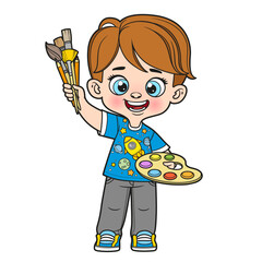 Cute cartoon boy holding the palette with paints and brushes in hands color variation for coloring page on a white background