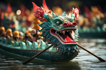 Dragon Boat Race with Emerald Dragon Decoration on the river - obrazy, fototapety, plakaty