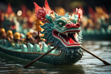 Poster Dragon Boat Race with Emerald Dragon Decoration on the river © Татьяна Евдокимова
