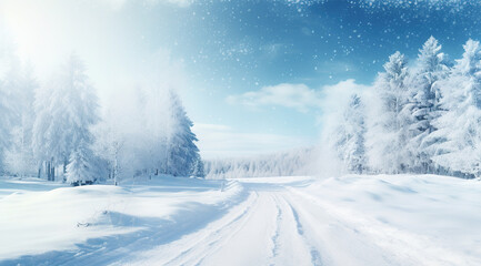 Fototapeta na wymiar Panorama of beautiful winter parks and Beautiful trees in winter landscape in the late evening in snowfall copy space