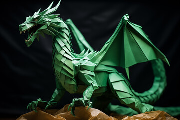 Emerald green dragon-themed origami art on dark background. Symbol of the year 2024.