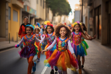 Fototapeta na wymiar Mardi gras concept - happy child during Mardi gras parade outside wears costume