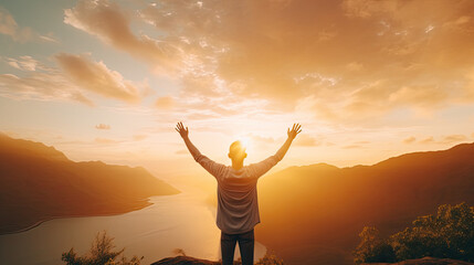 Fototapeta na wymiar Man Raising Hand in Sunset Sky. Freedom and Travel Adventure Concept