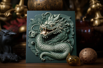 Emerald Green Dragon year greeting card. Symbol of the year 2024. Chinese New Year