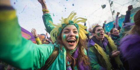 Mardi gras concept - happy people celebrate and dance during the parade outside