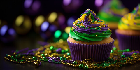 Mardi gras concept - colorful cupcakes with decorations, copy space - obrazy, fototapety, plakaty