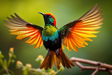 Fototapeta premium A male Beautiful Sunbird Nectarinia pulchella giving his tail streamers a shake