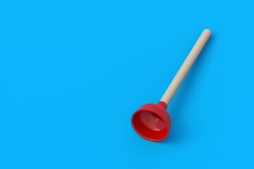 Red toilet plunger. Plumber tool. Professional equipment. Cleaning service. Pipeline unclog. Copy space. 3d render